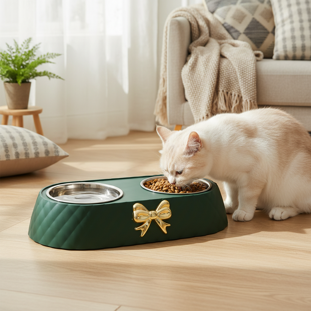 Elevated Pet Feeding Bowl, double bowl stand with a cat eating, designed for comfort and better digestion during mealtime.