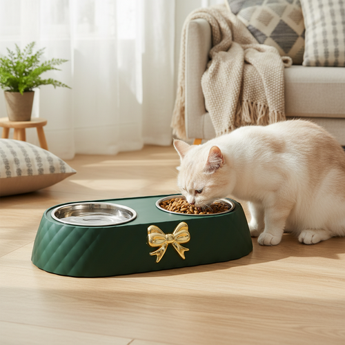 Elevated Pet Feeding Bowl, double bowl stand with a cat eating, designed for comfort and better digestion during mealtime.