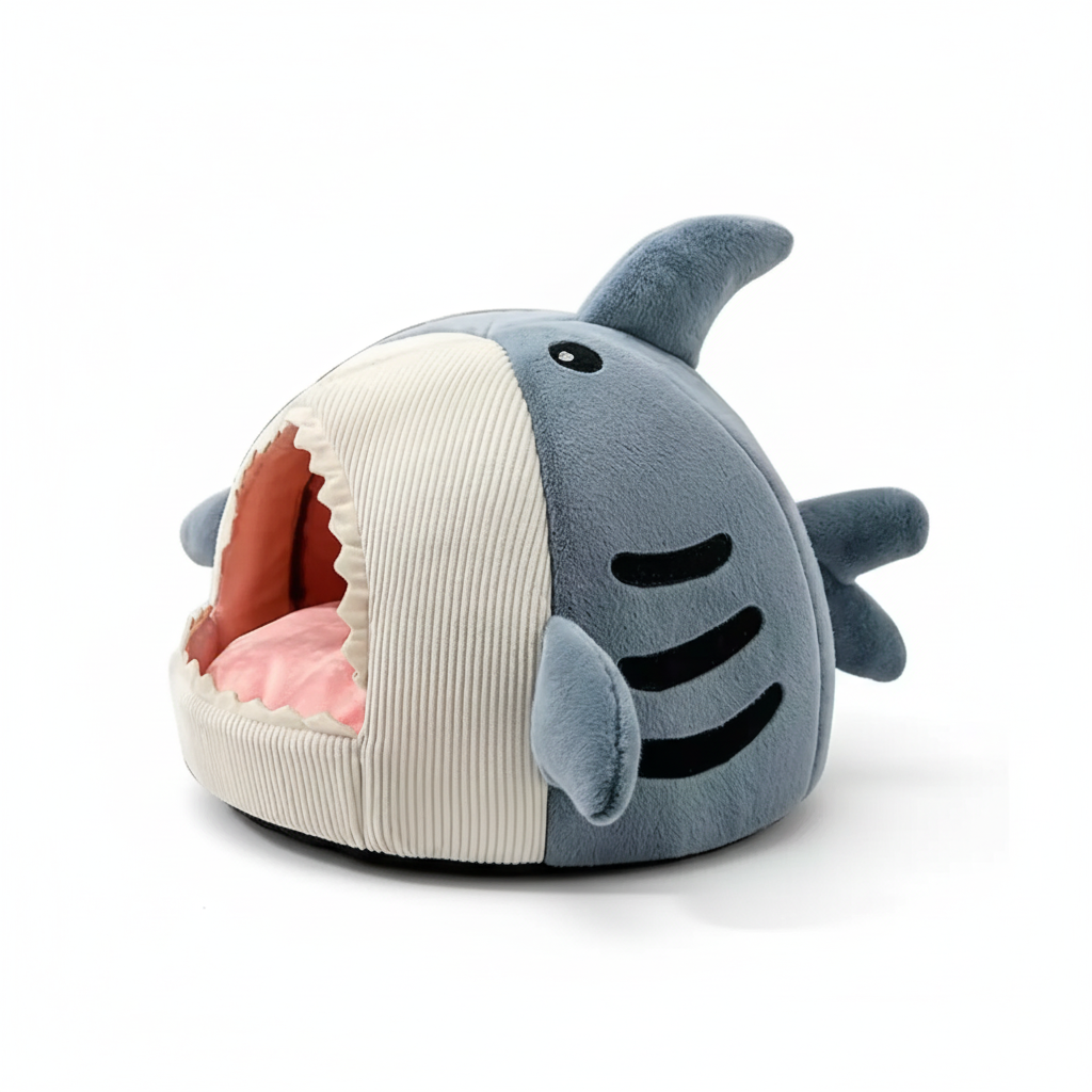Enclosed Warm Cat Bed in a shark shape, cozy cave-style design for cats, providing warmth and comfort.
