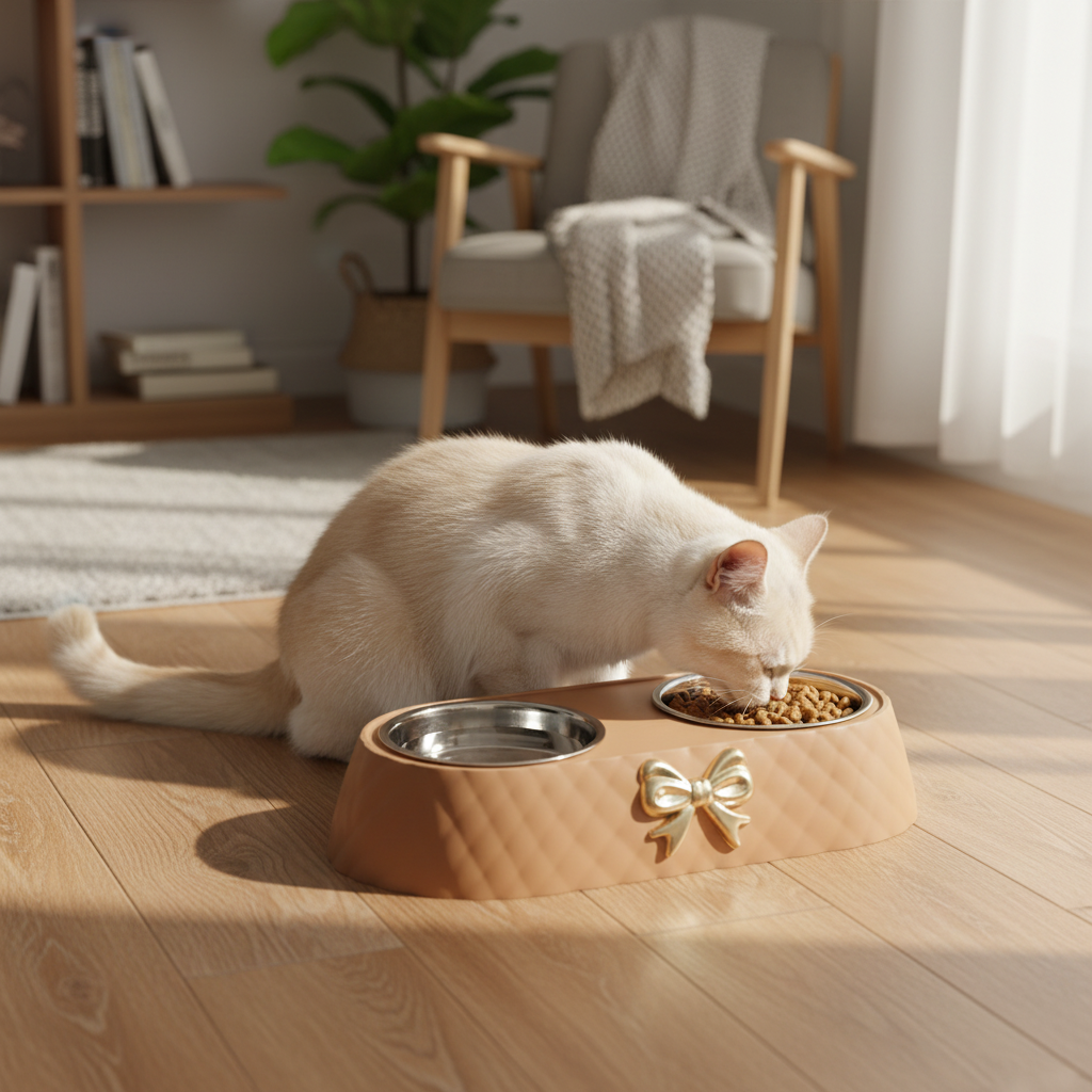 Elevated Pet Feeding Bowl featuring a sturdy double bowl stand with a cat eating from one bowl.