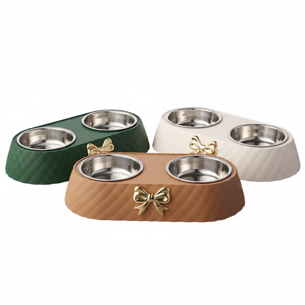 Elevated Pet Feeding Bowl set with double bowl stand in green, white, and brown with gold bow accents.
