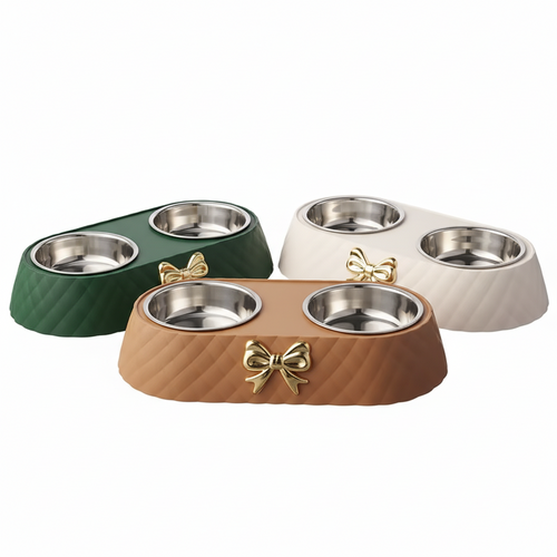 Elevated Pet Feeding Bowl set with double bowl stand in green, white, and brown with gold bow accents.